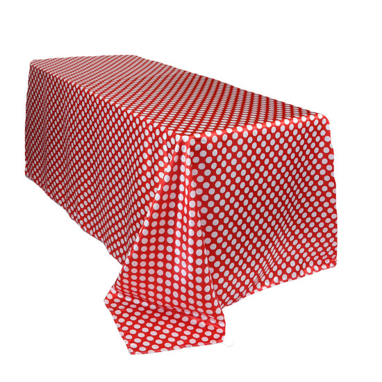 90 x 132 inch Rectangular Satin Tablecloth Red/White Polka Dots