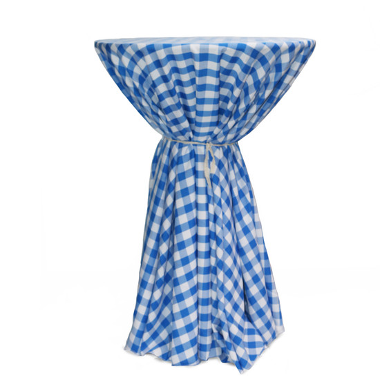 120 Inch Round Polyester Tablecloth Gingham Checkered Royal Blue on cocktail table 