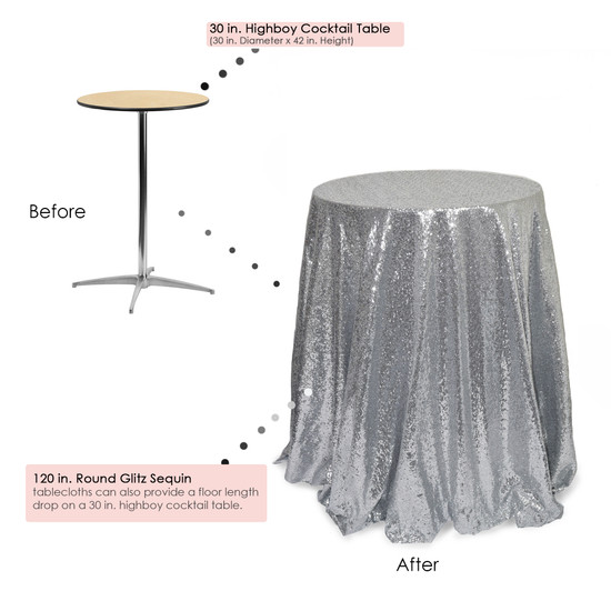 glitz sequin tablecloths on a cocktail table 