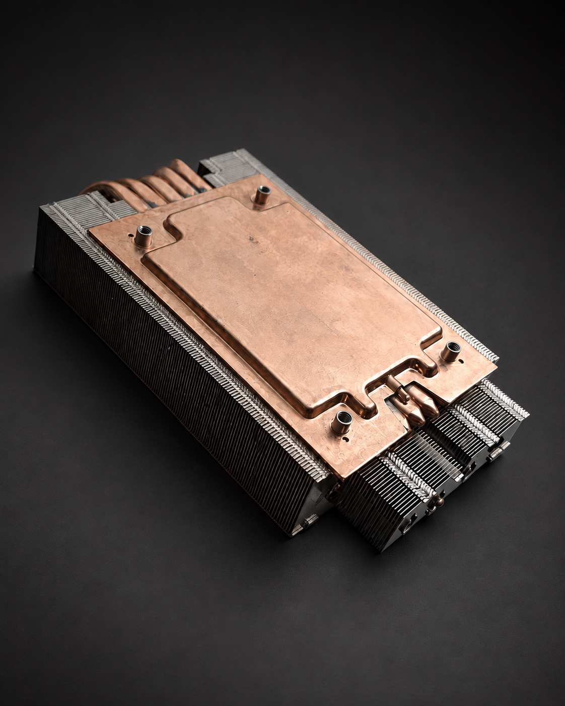 Copper base assembly on a cooler, with mounting points, heatpipes, and a dense fin stack.