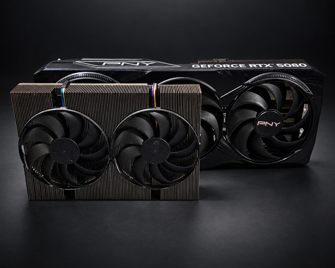 GRAVE compact RTX 5080 GPU cooler shown in front of the original PNY GeForce RTX 5080 cooling assembly.