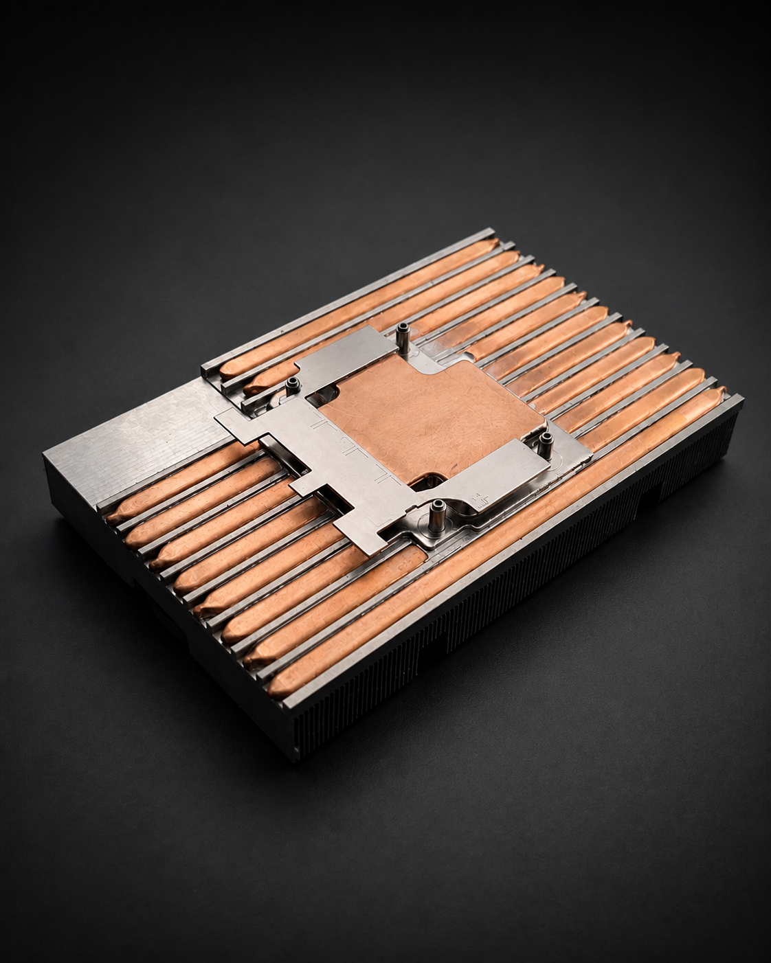 Underside of a cooler showing parallel copper heatpipes, a central copper contact surface, and metal mounting features.