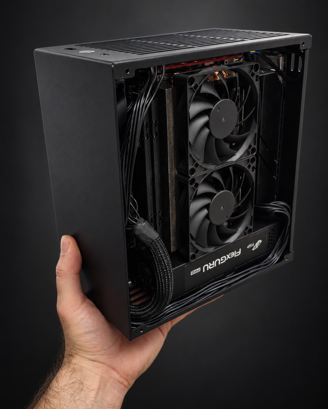A hand holding the assembled GRAVE compact PC prototype, showing its size and internal arrangement.