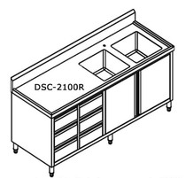 DSC-2100R-H 2100mm Width Kitchen Tidy Premium Stainless Steel Cabinet With Double Sinks, Doors & Drawers 