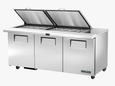True Refrigeration TSSU-72-24M-B-ST-HC FLID TSSU Series Prep Table, 24x 1/6 Top Pans, 3 Solid Swing Doors, Removable lids