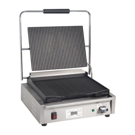 FC380-A Apuro Large Contact Grill Ribbed Plates with Timer 480mm W x 215 H x 435 D FC380-A Apuro Large Contact Grill Ribbed Plates with Timer 480mm W x 215 H x 435 D