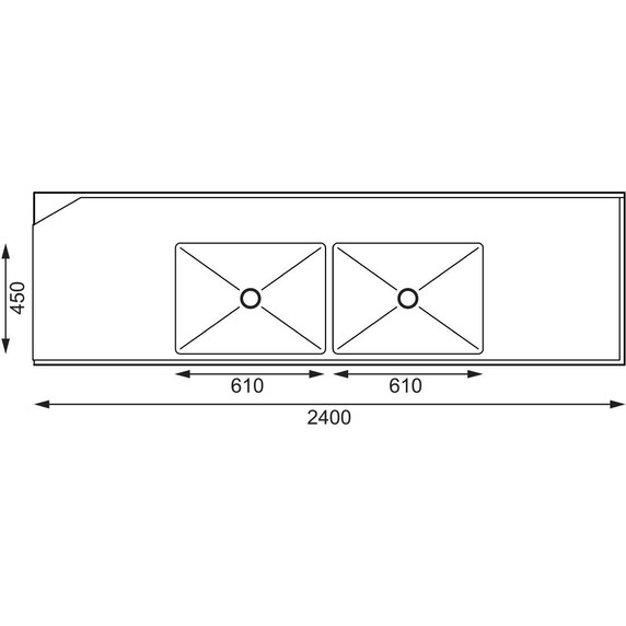 Vogue DE476 Dishwasher Inlet Table with Double Bowl Sink 90mm outlet 2400x700x960mmR/H