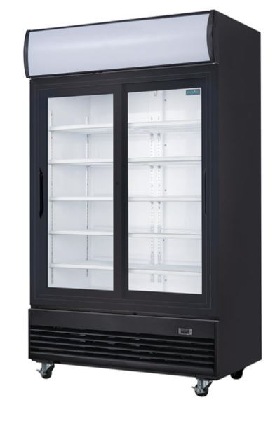 Polar GM814-A G-Series Upright Sliding Door Display Cooler with Light Box 950Ltr Black