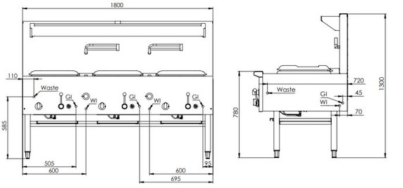 B+S Black Series UFWWD-3  Gas Three Hole Deluxe Waterless Wok Table