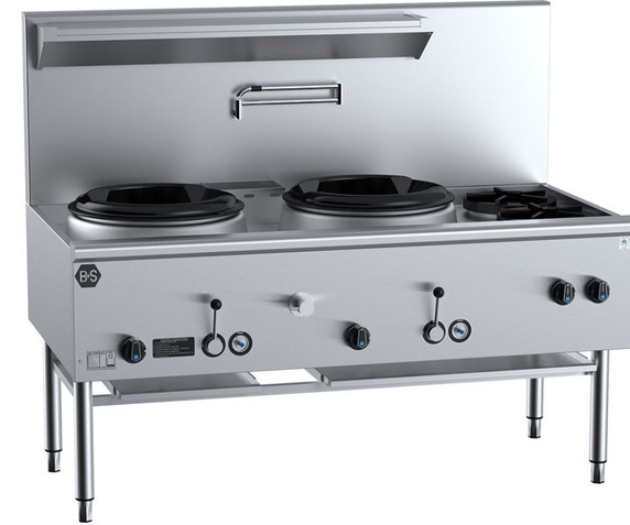B+S Black Series UFWWD-2SB2 Gas Two Hole Deluxe Waterless Wok Table with Two RHS Burners
