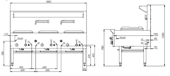 B+S K+ UFWWK-3 Gas Three Hole Gas Waterless Wok Table