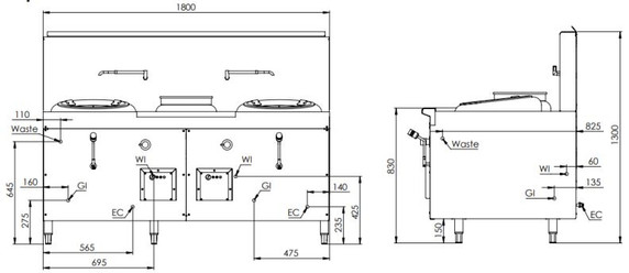 B+S Black Series CCF-HP2+1 Double Hole Hi Pac Wok with Centre Pot and Prep Table