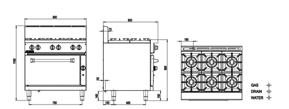 LUUS RS-6B 900mm Gas 6 Burner Range Static Oven | 2/1 GN 225MJ/h