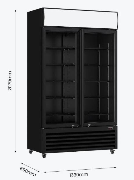 Thermaster Large Two Glass Door Colourbond Upright Drink Fridge LG-1200BP