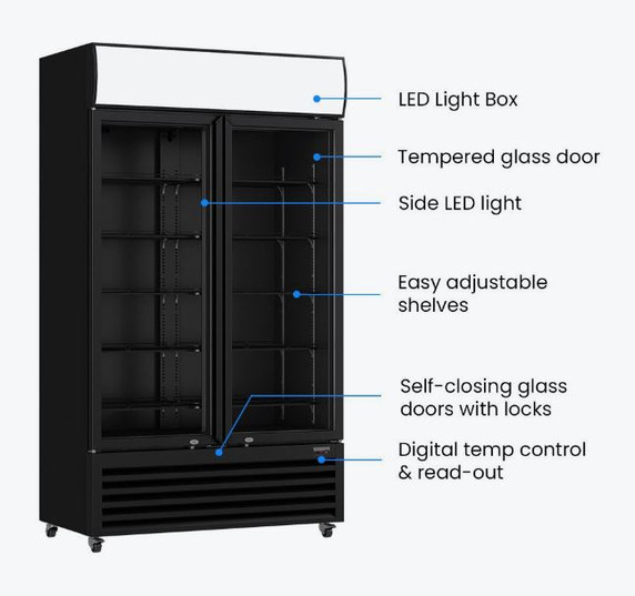 Thermaster Large Two Glass Door Colourbond Upright Drink Fridge LG-1200BP
