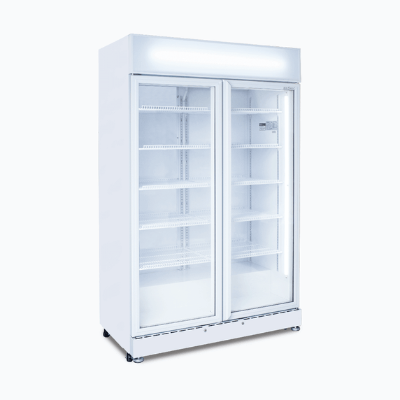 Upright Display Fridge 885L 2 Doors Flat Glass White
