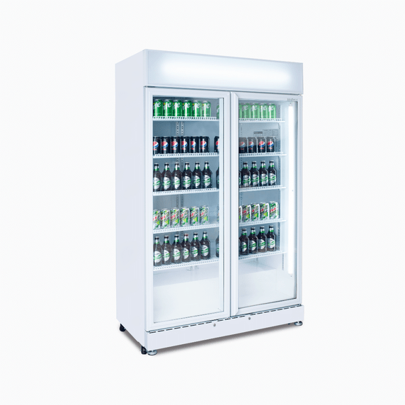 Upright Display Fridge 885L 2 Doors Flat Glass White