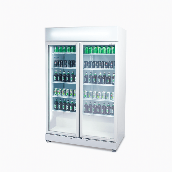 Upright Display Fridge 885L 2 Doors Flat Glass White