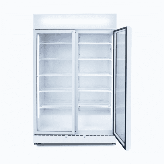 Upright Display Fridge 885L 2 Doors Flat Glass White