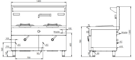B+S Black Series IN-W2-12-HS Two Hole Induction Wok -12 Kilowatt with High Splashback