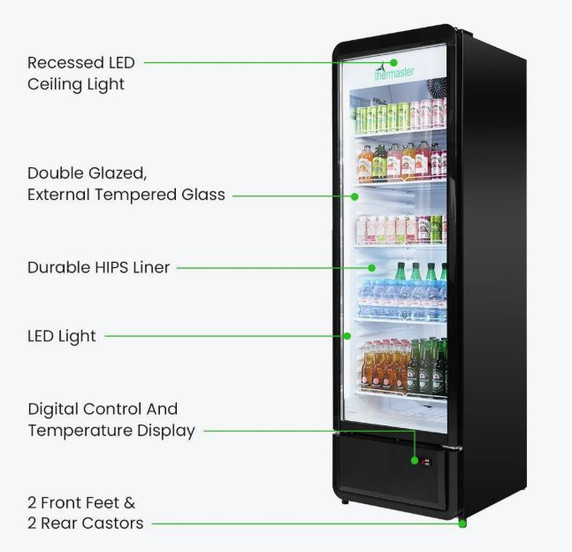 Thermaster SDC-343B Upright Glass Door Beverage Display Fridge in Black (343L)