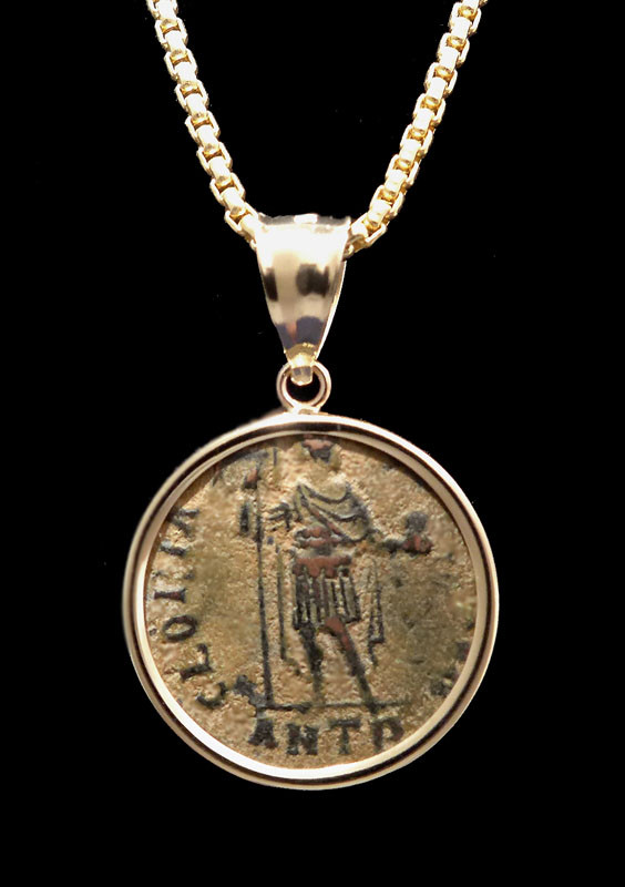 ANCIENT CHRISTIAN ROMAN COIN PENDANT OF CONSTANTIUS II IN 14K GOLD