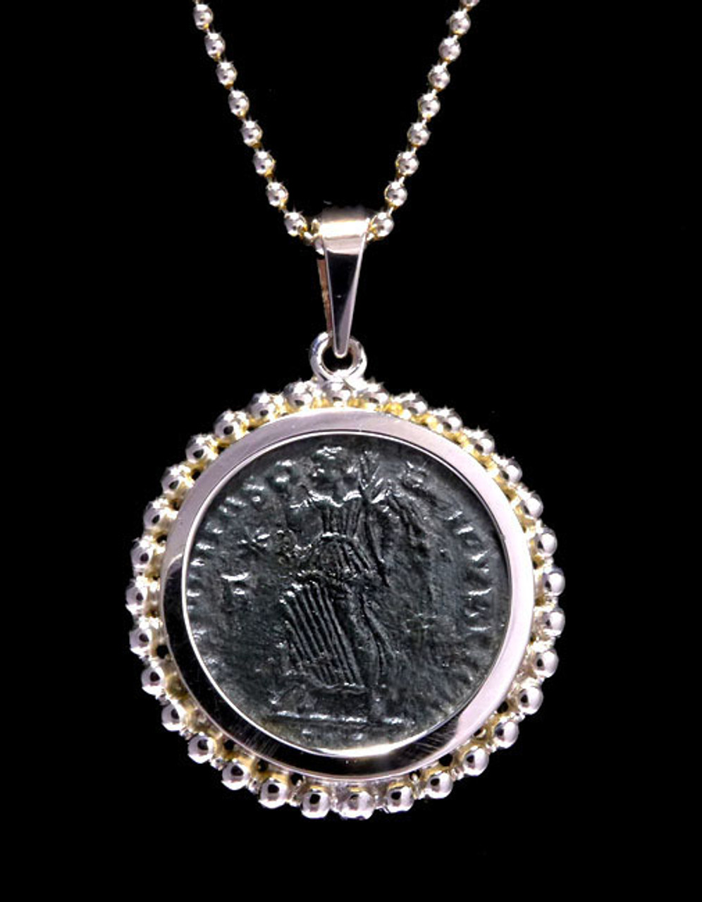 CONSTANTINE ANCIENT CHRISTIAN ROMAN ANGEL COIN IN 14KY GOLD BEADED PENDANT SETTING  *CPR207