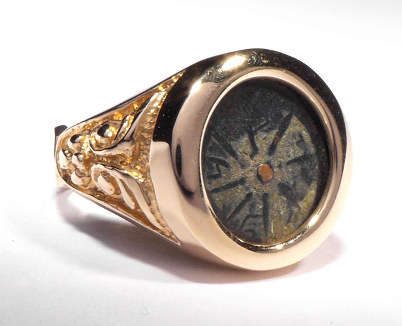 WIDOWS MITE COIN RING WITH ANCIENT SCROLL DESIGN IN 14KT GOLD  *CRB001