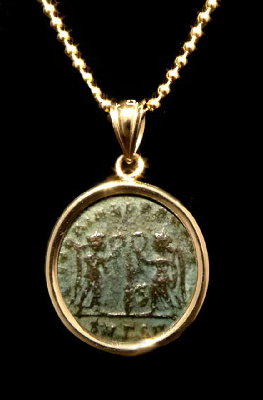 CPR218 - VICTORY ANGELS ANCIENT CHRISTIAN ROMAN COIN IN 14KY PENDANT SETTING