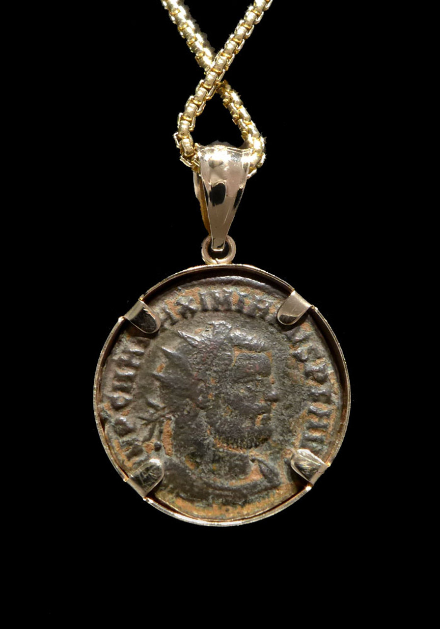 "UNITY OF THE MILITARY" ANCIENT ROMAN MAXIMIANUS COIN PENDANT IN 14K GOLD