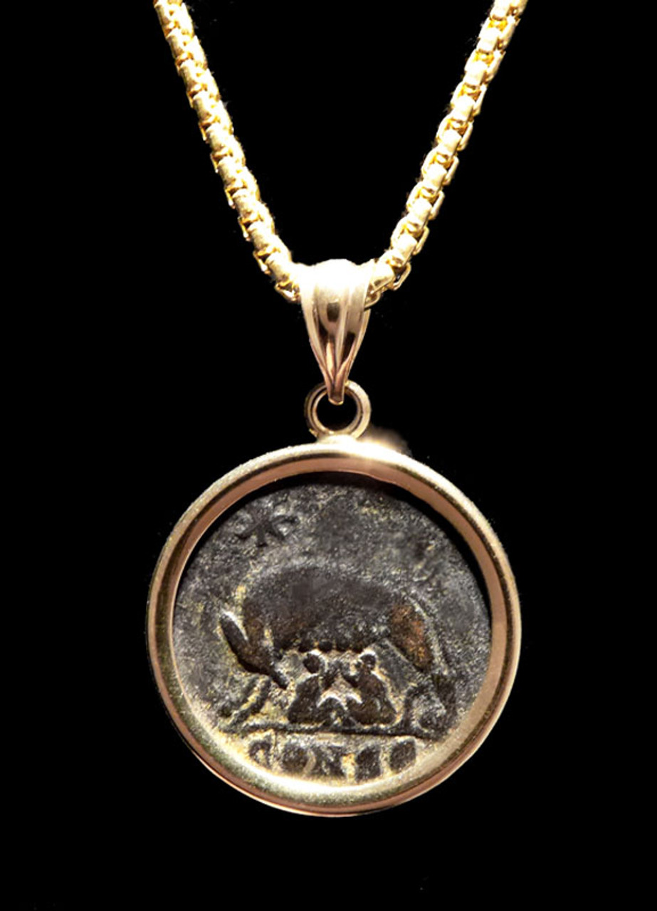 ANCIENT ROME SHE-WOLF SUCKLING ROMULUS AND REMUS ROMAN COIN PENDANT IN 14K GOLD  *CPR232