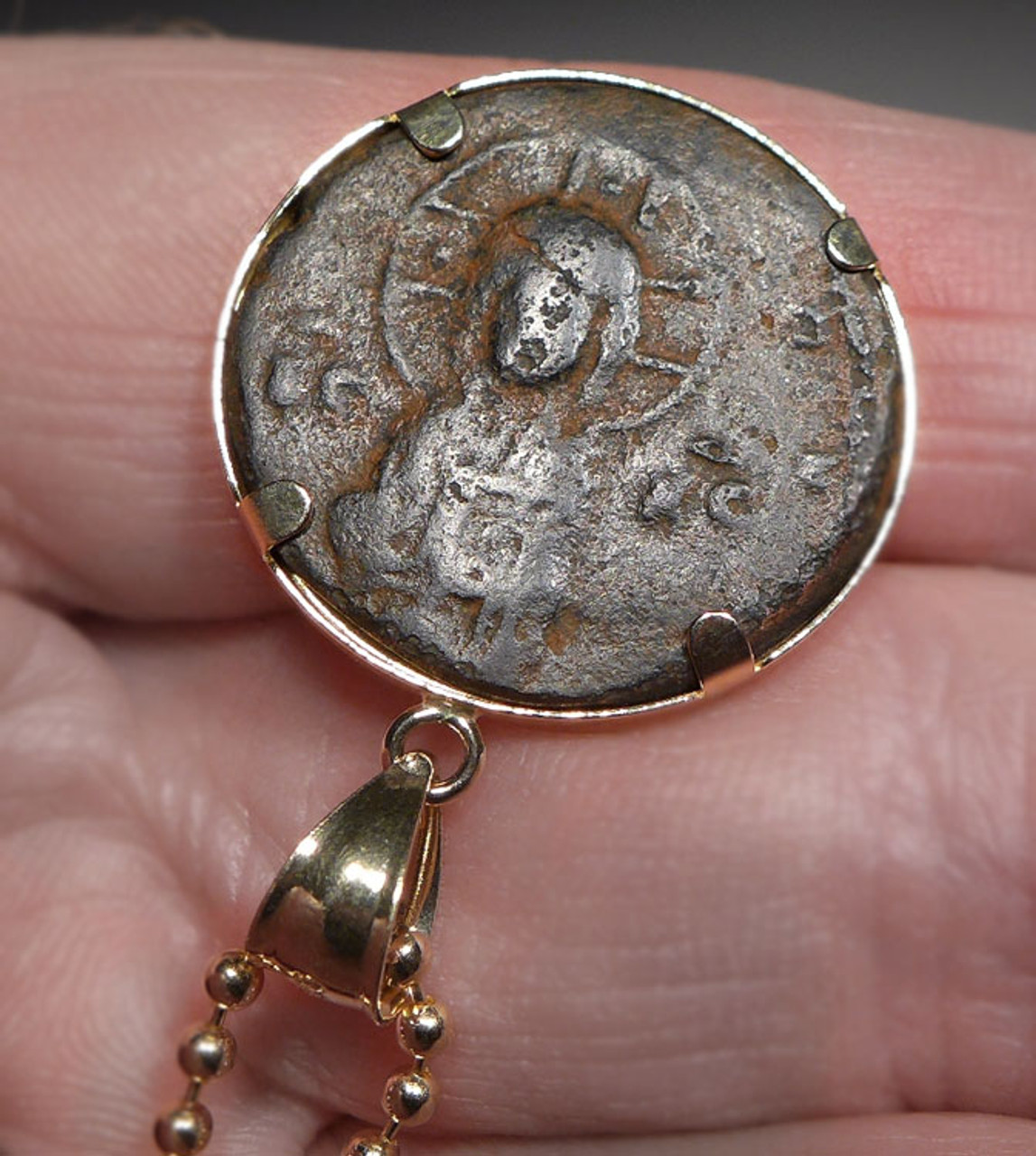 JESUS CHRIST CONQUERS ANCIENT COIN 14K GOLD PENDANT WITH ROMAN BYZANTINE FOLLIS  *CPB039