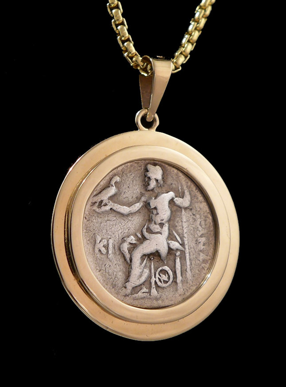 ZEUS ON THRONE ANCIENT GREEK COIN PENDANT IN 14K GOLD WITH ALEXANDER THE GREAT  *CPG030