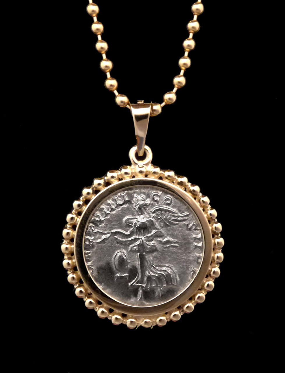 ANCIENT SILVER DENARIUS ROMAN VICTORIA ANGEL VICTORY COIN PENDANT IN 14KT GOLD  *CPR226X