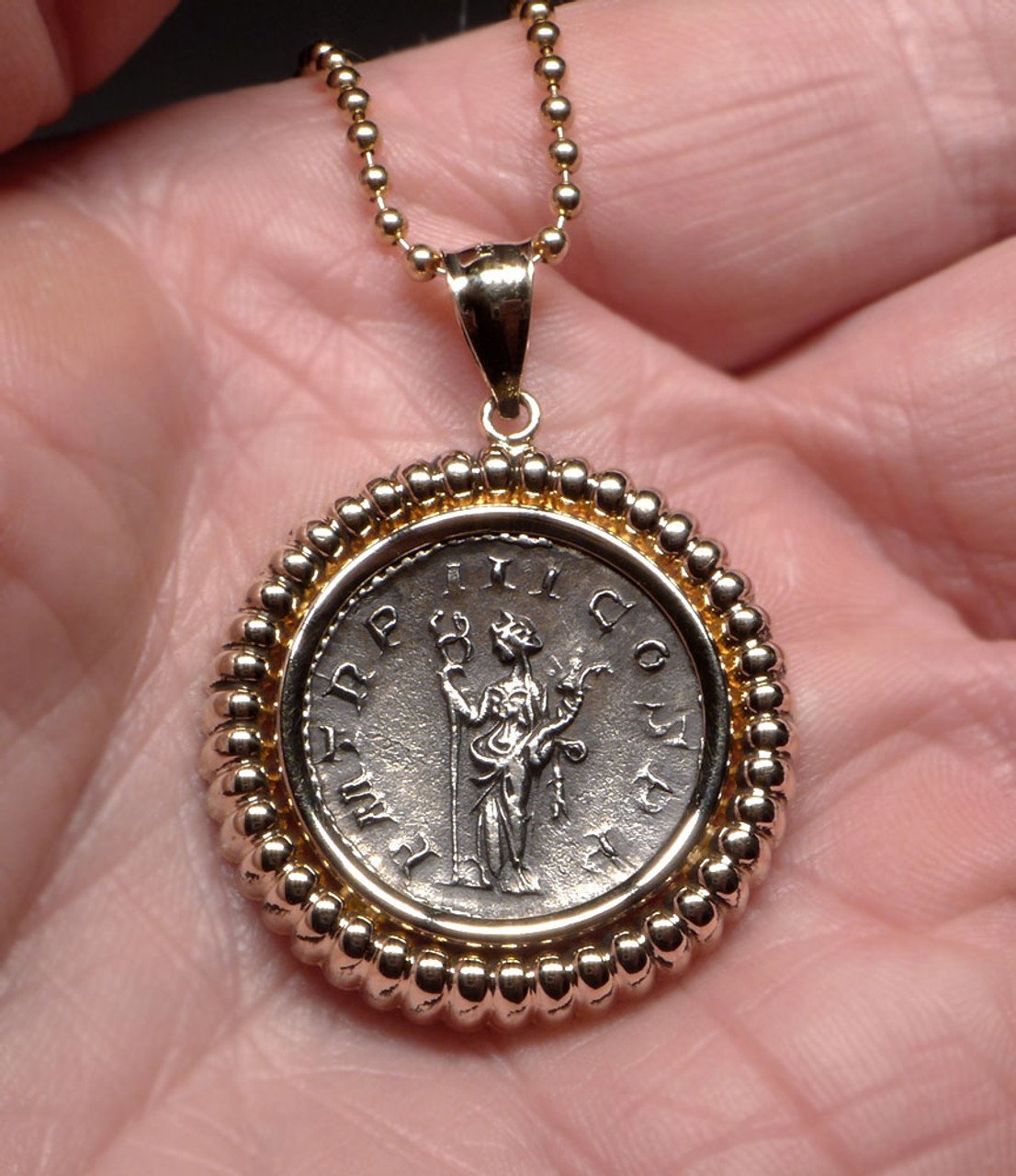 ANCIENT ROMAN FELICITAS BLESSED HAPPINESS GODDESS SILVER COIN PENDANT IN 14KT GOLD  *CPR228X