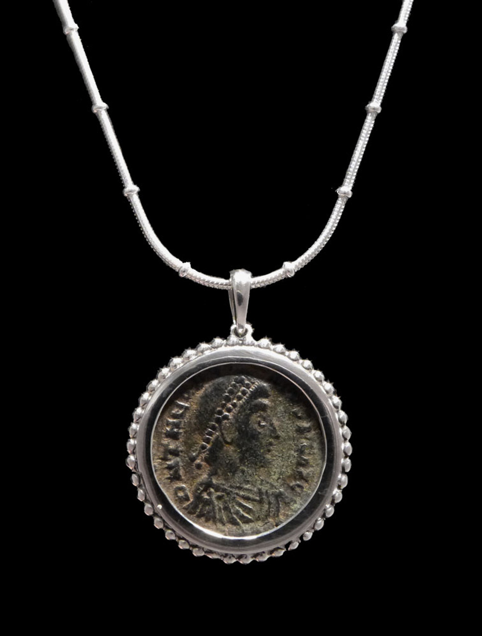 ANCIENT CHRISTIAN ROMAN EMPEROR THEODOSIUS HOUSE OF CONSTANTINE COIN PENDANT IN STERLING SILVER  *CPR238