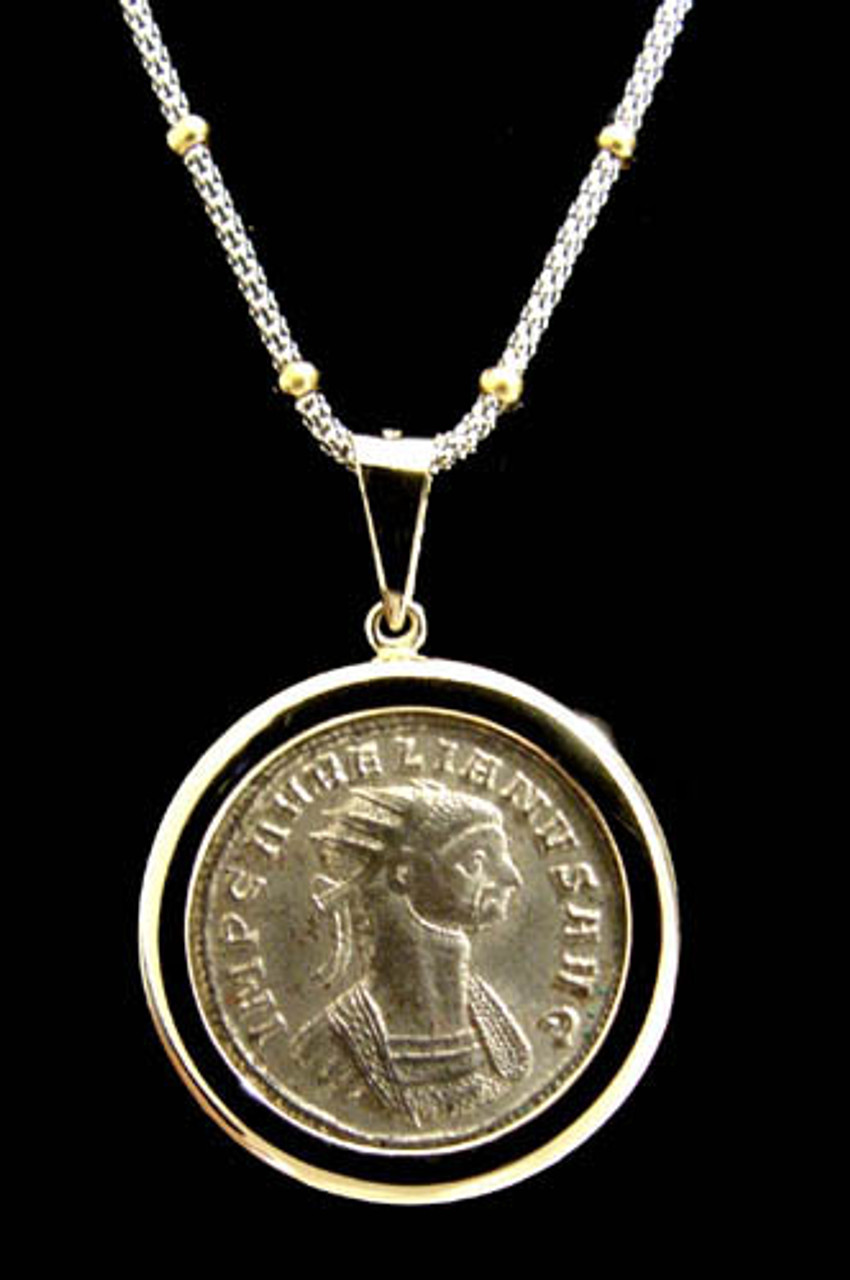 EXQUISITE ROMAN SILVERED BRONZE COIN OF EMPEROR AURELIAN COIN IN 14K GOLD PENDANT  *CPR121