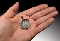 IMPRESSIVE ANCIENT SILVERED FOLLIS ROMAN COIN IN 14KT GOLD BEADED PENDANT SETTING  *CPR202