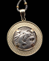 CPG029 - ANCIENT GREEK ALEXANDER THE GREAT SILVER COIN OF ZEUS ON THRONE IN 14K GOLD PENDANT