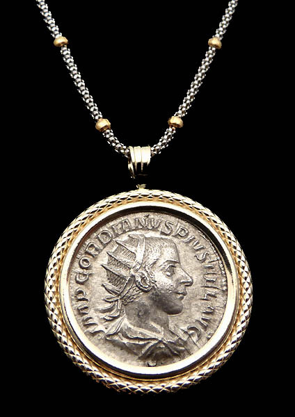 ANCIENT ROMAN IMPERIAL GORDIAN III SILVER ANTONINIANUS COIN PENDANT IN