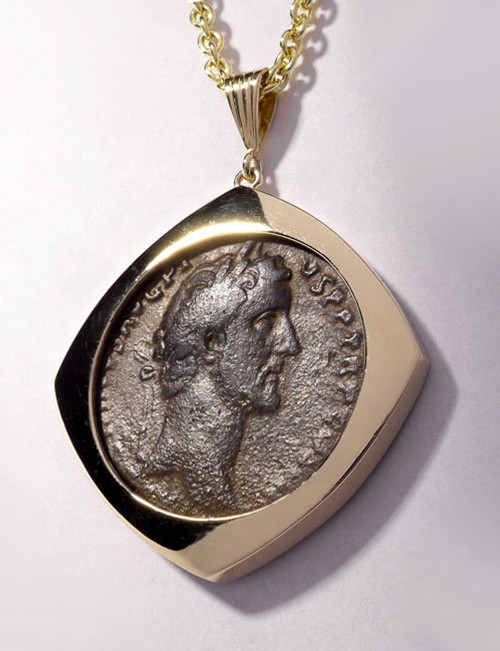LARGE ANCIENT ROMAN BRONZE ANTONINUS PIUS COIN PENDANT IN 14KT GOLD  *CPR200