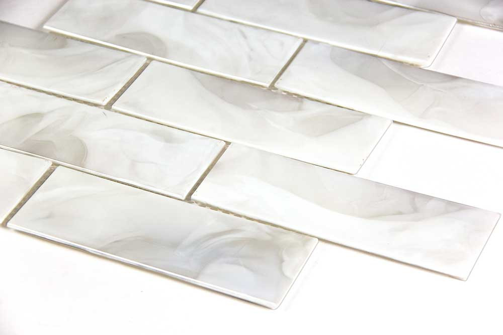 Ocean Mist White Pearlescent Iridescent 2x6 Subway Glass Tile