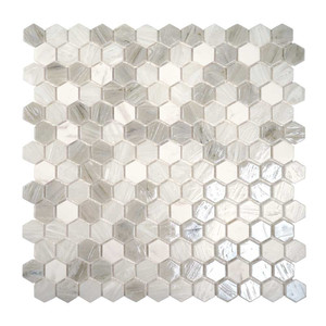 Ocean Mist White Pearlescent Mini Hexagon Glass and Stone Tile