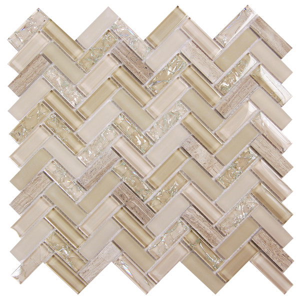 Archery Light Beige Herringbone Mosaic Glass Tile