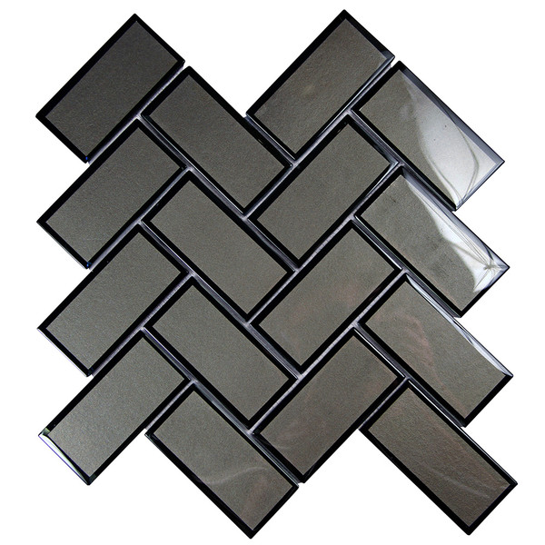 Mirror Charcoal Herringbone Mosaic Glass Tile