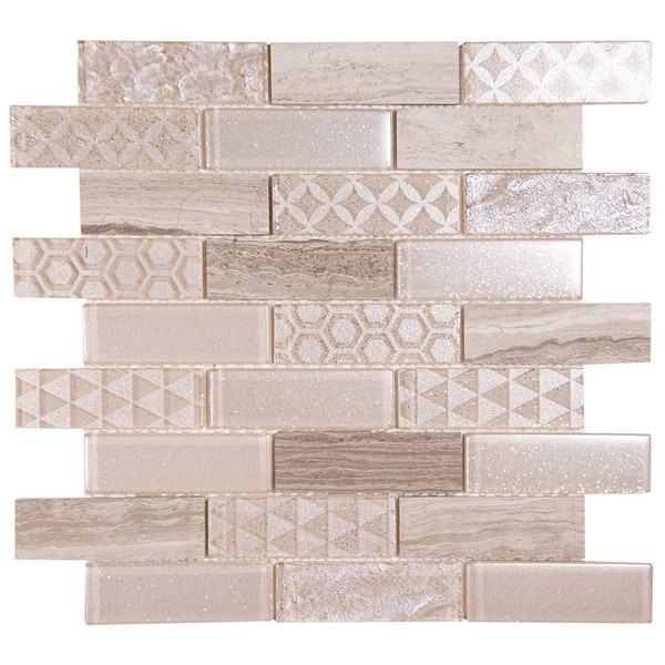 Core Mix White Wood Geometric Metallic Glass Tile