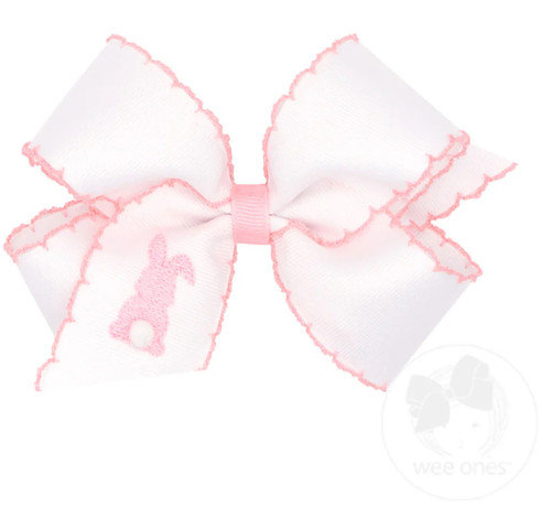 Medium Bow with Light Pink Moonstitch Edge and Puff Tail Bunny Emroidery
