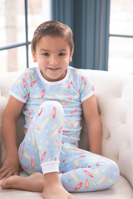 Boys Two Piece Jammies in Back to School, Blue Crayon