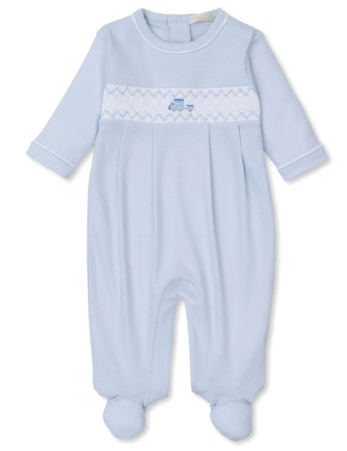 Smocked Footie with Train in Blue and White