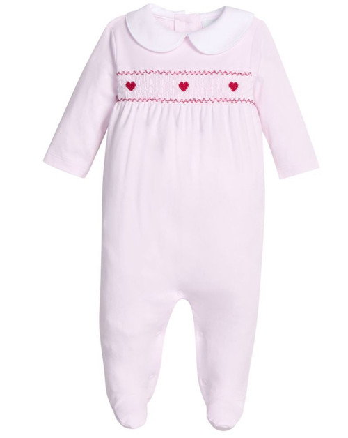 Smocked Footie in Pink with Hearts (Pre-Order Only)